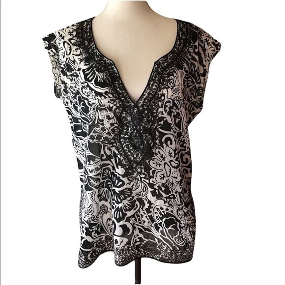 NY&CO Sheer Blouse V-Neck w/ Gold Filigree - Size M EUC - Picture 1 of 5